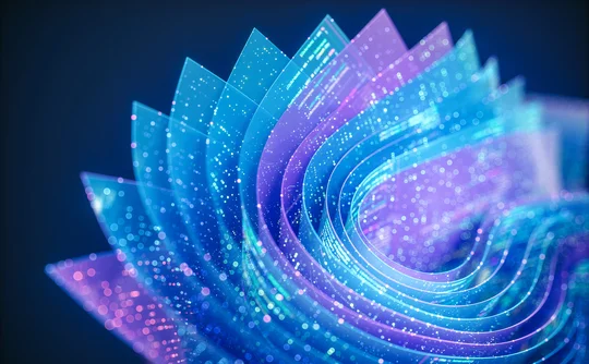Layered transparent sheets curl into a spiral, filled with data particles and glowing lines of computer code