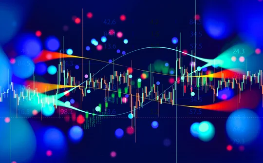 Abstract stock market chart with multi-coloured candlestick patterns and numeric overlays