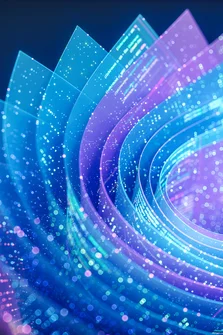 Layered transparent sheets curl into a spiral, filled with data particles and glowing lines of computer code