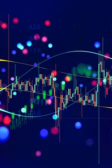 Abstract stock market chart with multi-coloured candlestick patterns and numeric overlays