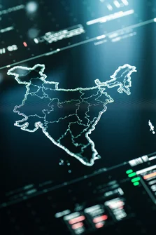Computerised outline map of India infographics with data charts representing communication, internet and technology