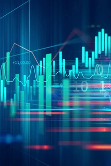 Stock market investment graph overlaid with indicator and volume data