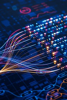 3D render of AI neural networks and binary data streams