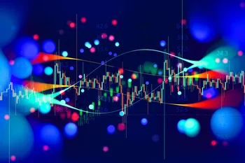 Abstract stock market chart with multi-coloured candlestick patterns and numeric overlays