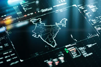 Computerised outline map of India infographics with data charts representing communication, internet and technology
