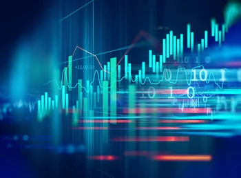 Stock market investment graph overlaid with indicator and volume data