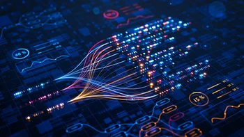 3D render of AI neural networks and binary data streams